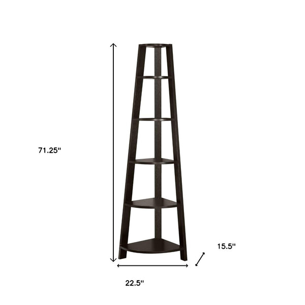 HomeRoots 71" Espresso Wood Five-Tier Corner Bookcase for Stylish Storage and Display in Any Room Cappuccino 332851