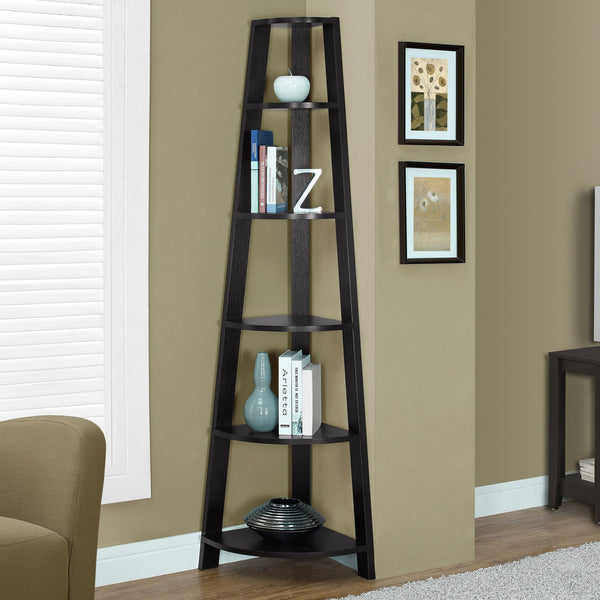 Homeroots 71" Espresso Wood Five Tier Corner Bookcase Cappuccino  332851