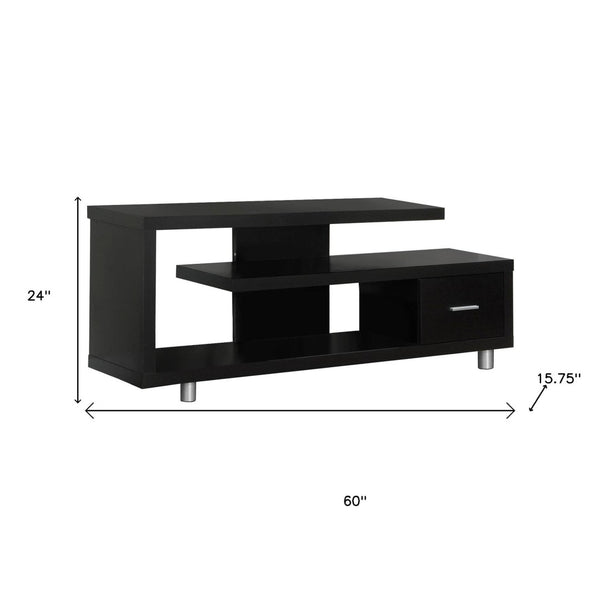 HomeRoots 60" Dark Brown Enclosed Storage TV Stand with Stylish Open Shelving for Organized Living Spaces Cappuccino,Silver 332882