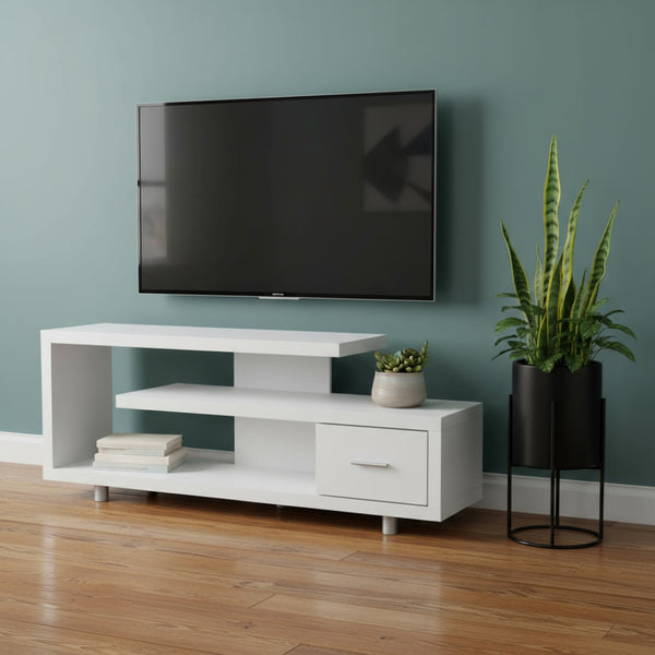HomeRoots 60" Dark Brown Enclosed Storage TV Stand with Stylish Open Shelving for Organized Living Spaces White,Silver 332883