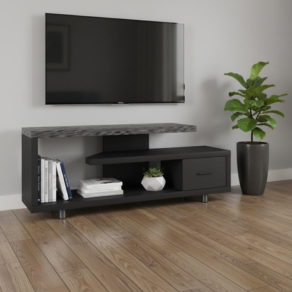 HomeRoots 60" Dark Brown Enclosed Storage TV Stand with Stylish Open Shelving for Organized Living Spaces Black,Grey 332885