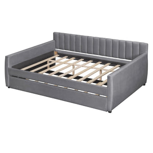 English Elm Full Size Velvet Upholstered Daybed with Pull Out Trundle and Wood Slat Support Gray LP100121AAE