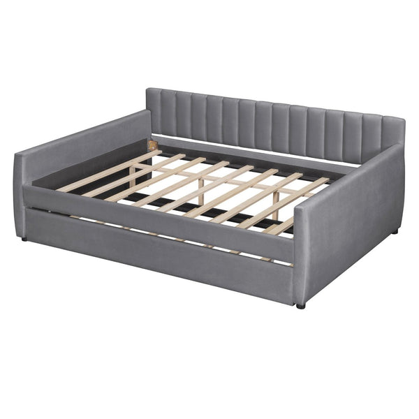 English Elm Full Size Velvet Upholstered Daybed with Pull Out Trundle and Wood Slat Support Gray LP100121AAE