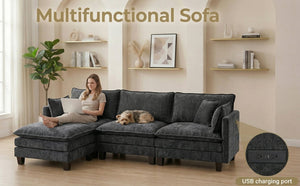 English Elm Modern Chenille Three Seat Sofa with Ottoman Usb Charging Ports and Storage Pockets Black W2519S00002