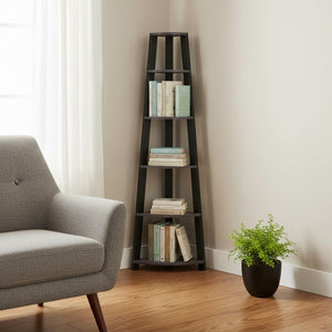 HomeRoots 71" Espresso Wood Five-Tier Corner Bookcase for Stylish Storage and Display in Any Room Grey,Black 332941