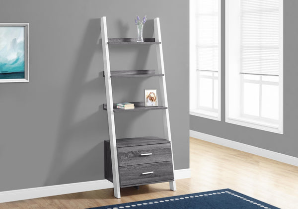 HomeRoots 69" Modern Ladder Bookcase with Two Drawers – Stylish Space-Saving Storage for Any Room Grey,White 332944