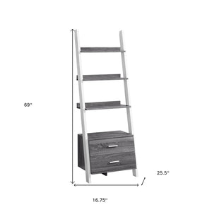 Homeroots 69" Gray And White Wood Ladder Bookcase With Two Drawers Grey,White  332944