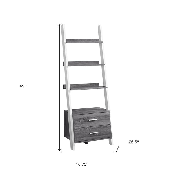 Homeroots 69" Gray And White Wood Ladder Bookcase With Two Drawers Grey,White  332944