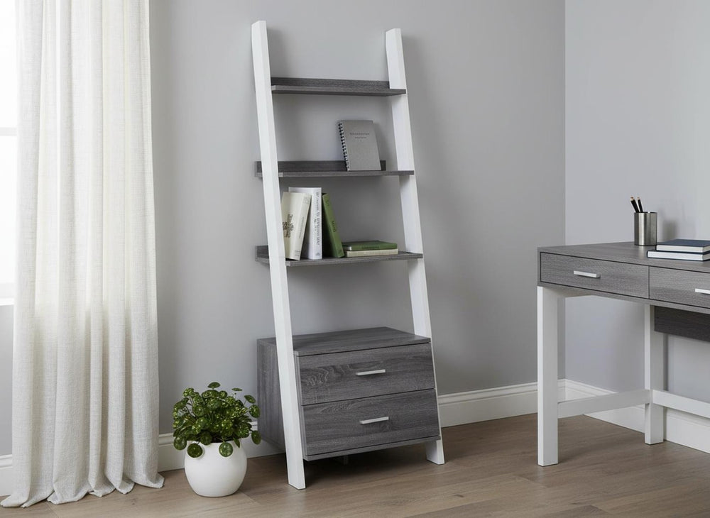 HomeRoots 69" Modern Ladder Bookcase with Two Drawers – Stylish Space-Saving Storage for Any Room Grey,White 332944