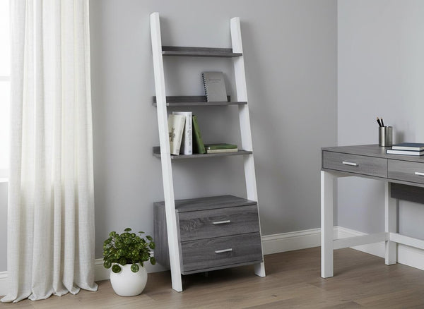 HomeRoots 69" Modern Ladder Bookcase with Two Drawers – Stylish Space-Saving Storage for Any Room Grey,White 332944