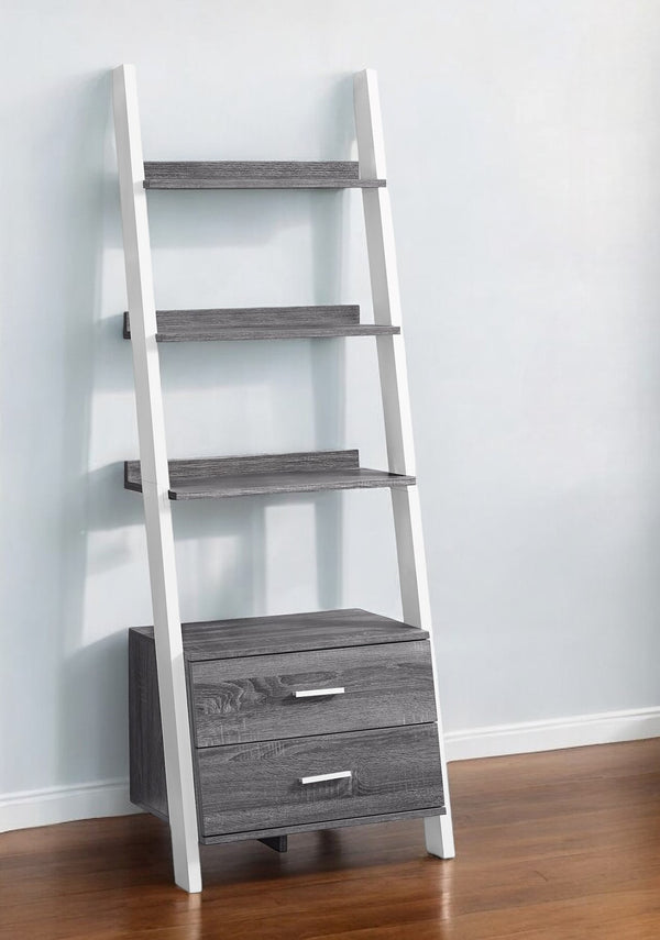 Homeroots 69" Gray And White Wood Ladder Bookcase With Two Drawers Grey,White  332944