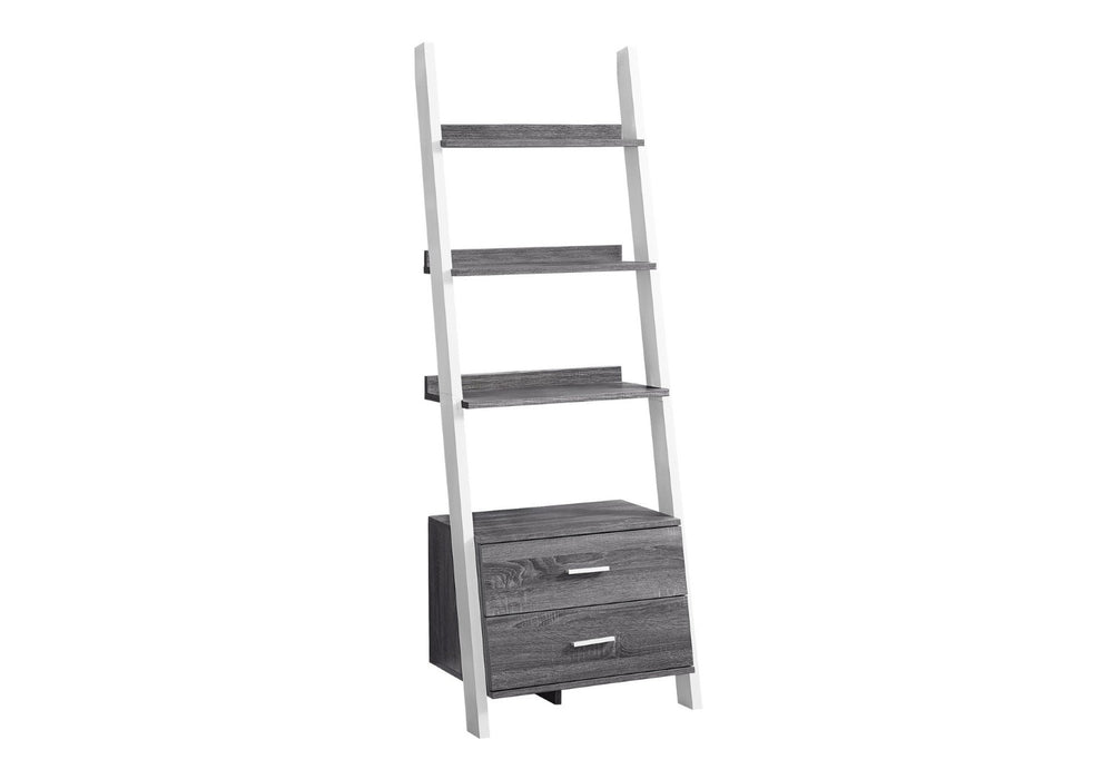 HomeRoots 69" Modern Ladder Bookcase with Two Drawers – Stylish Space-Saving Storage for Any Room Grey,White 332944