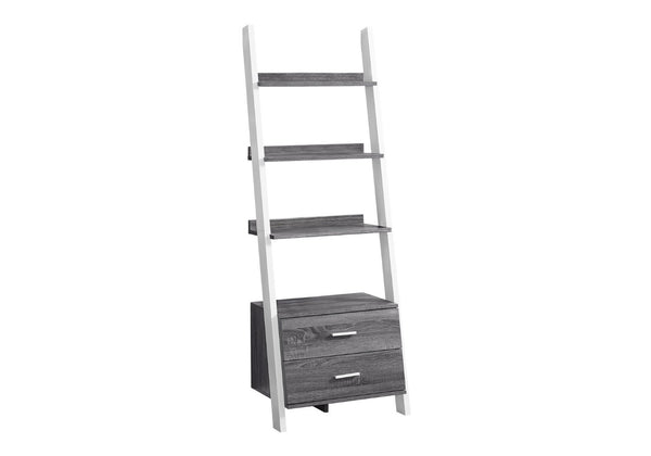 HomeRoots 69" Modern Ladder Bookcase with Two Drawers – Stylish Space-Saving Storage for Any Room Grey,White 332944