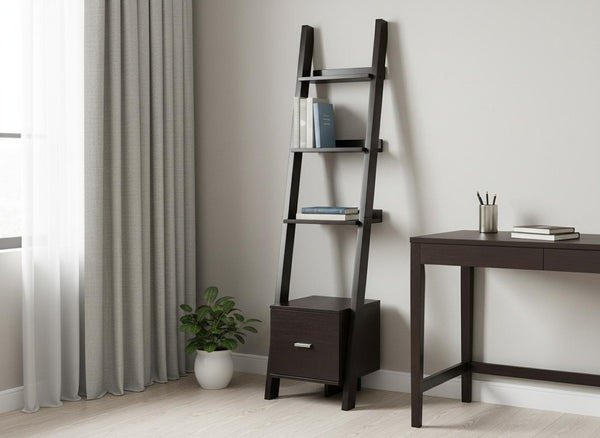 HomeRoots Brown Wood Four-Tier Ladder Bookcase - Stylish Open Shelving for Books, Décor, and Organizing Spaces Cappuccino 332947