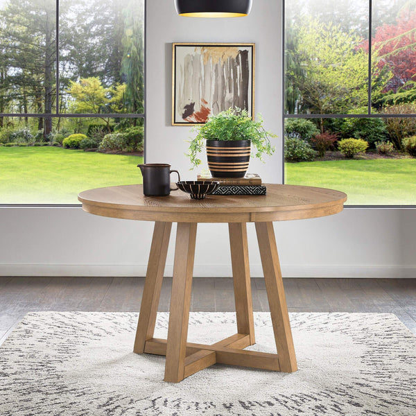 Alta 48 Inch Round Pedestal Dining Table Seats Four with Geometric Rubberwood Base
