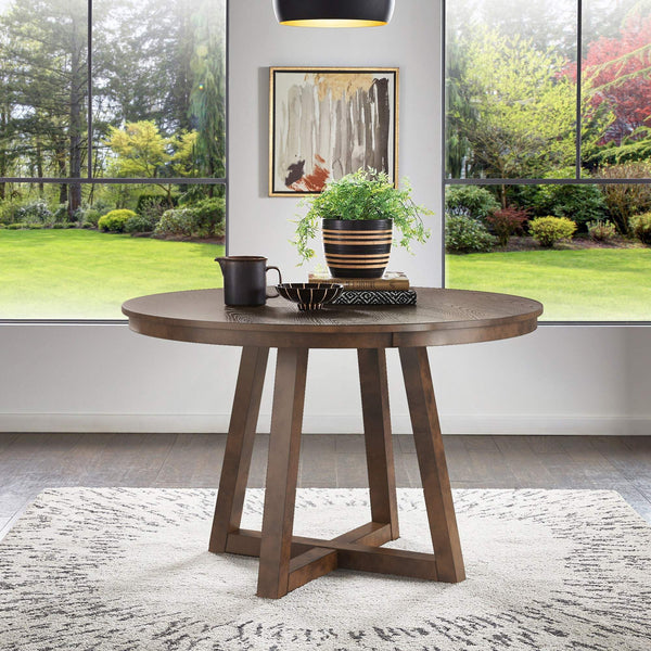 Alta 48 Inch Round Pedestal Dining Table Seats Four with Geometric Rubberwood Base