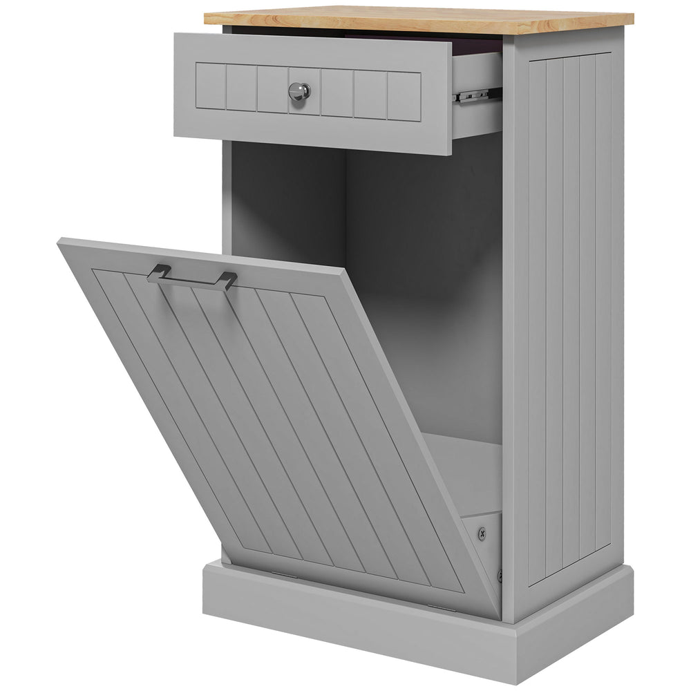 English Elm HOMCOM Tilt-Out Trash Cabinet with Drawer and Oak Top, Space-Saving Pet-Safe Kitchen Organizer W2225P200649