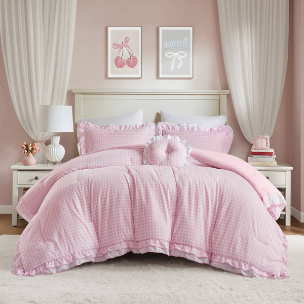 English Elm 4-piece Gingham Ruffle Comforter Set Romantic Cottage Bedroom Brushed Polyester Fill Pink B035P463188