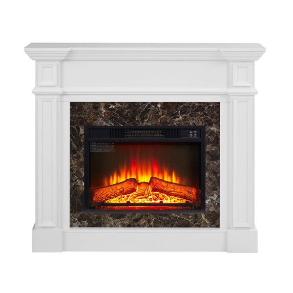 English Elm Electric Fireplace Mantel with Stacked Stone Surround Led Flame and Remote Heater White W2275S00047
