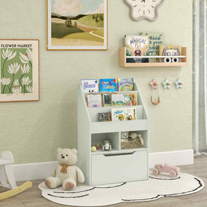 English Elm HOMCOM Kids Bookcase with Drawer & Anti-Tip Design, 3-Tier Shelf Organizer for Toys & Books Green W2225P217325