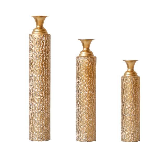 English Elm Metal Decorative Vases Set Of 3 - Antique Gold Finish With Etched Vine Patterns For Elegant Décor W2796P192834