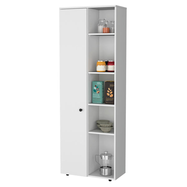 English Elm FM FURNITURE Harman Multistorage Pantry Cabinet White - 1 Door, 5 Open Shelves, Sturdy Short Legs, Modern Kitchen Organizer B128P321072