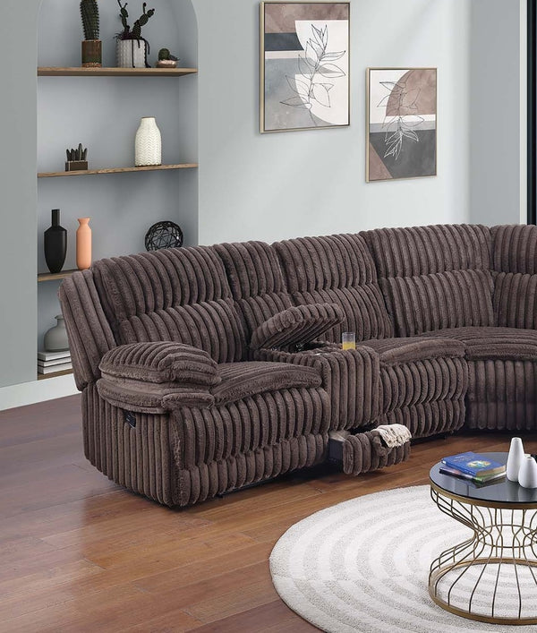 English Elm Chocolate Fur-Like Corduroy U-Shaped Sectional Sofa with Console Cup Holders and Hidden Storage Recline Chocolate 33 L x 28 W x 76 H B011S01738