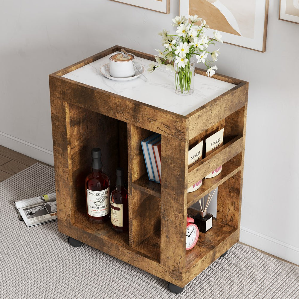 English Elm Mid-century movable brown trolley side cabinet with shelves, 500lb capacity, MDF, versatile storage and style W1278P226002