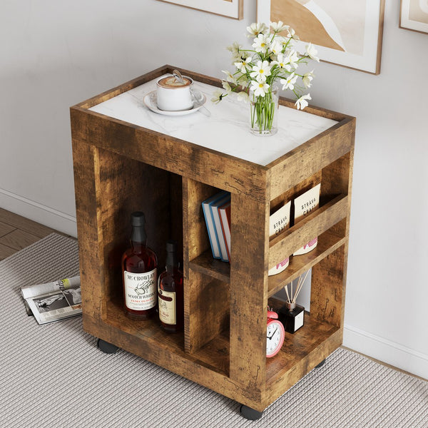 English Elm Mid-century movable brown trolley side cabinet with shelves, 500lb capacity, MDF, versatile storage and style W1278P226002