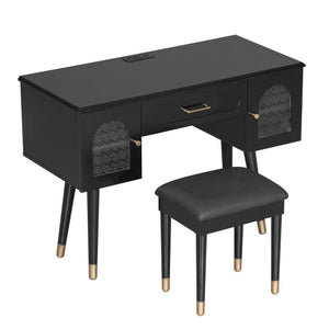 English Elm Elegant Vanity Makeup Table with Charging Station & Carved Glass Door, Sturdy Stool Included Black N844P285188B