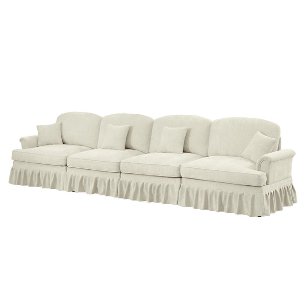 English Elm Elegant Four-Seater Chenille Sofa With Removable Ruffled Skirts, Flared Arms & Spindle Legs For Cozy Living Spaces W3041S00238
