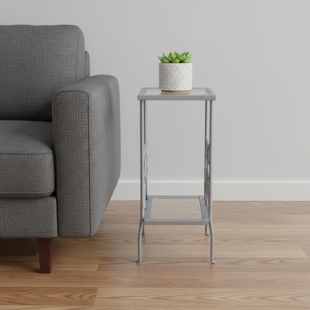 HomeRoots 30" Modern Glass and Metal Square End Table with Shelf - Sleek Design for Living Room & Bedroom Silver,Clear 333059