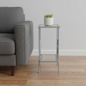 HomeRoots 30" Modern Glass and Metal Square End Table with Shelf - Sleek Design for Living Room & Bedroom Silver,Clear 333059