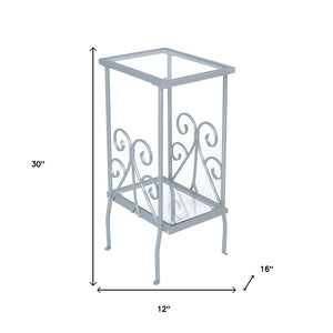 HomeRoots 30" Modern Glass and Metal Square End Table with Shelf - Sleek Design for Living Room & Bedroom Silver,Clear 333059