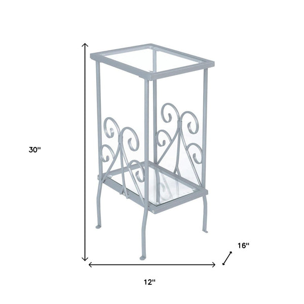 HomeRoots 30" Modern Glass and Metal Square End Table with Shelf - Sleek Design for Living Room & Bedroom Silver,Clear 333059