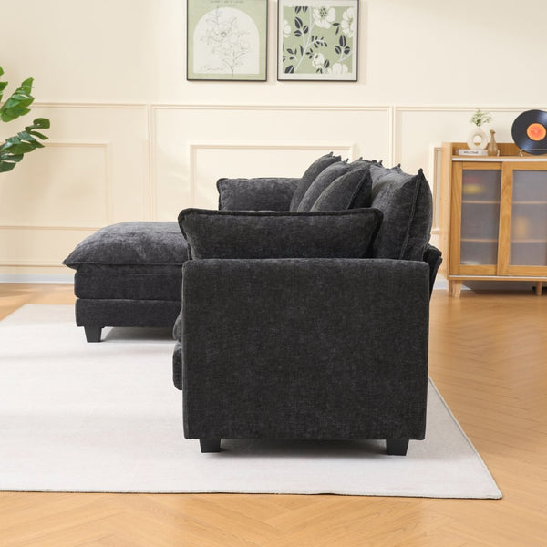 English Elm Beige Chenille Sectional Sofa with Modular Ottoman for Living Room or Studio Black W2603S00006
