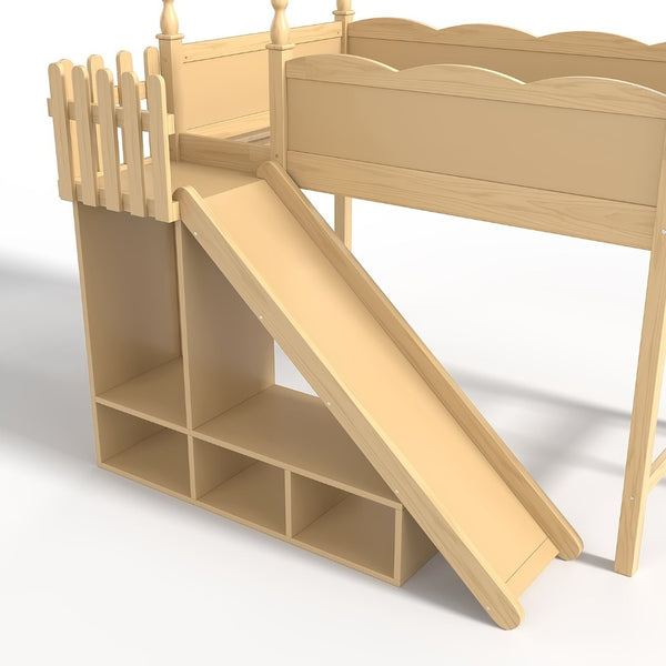 English Elm Twin Loft Bed Solid Pine Frame with Wardrobe Shelving Detachable Slide Kids Room Natural W5305S00017