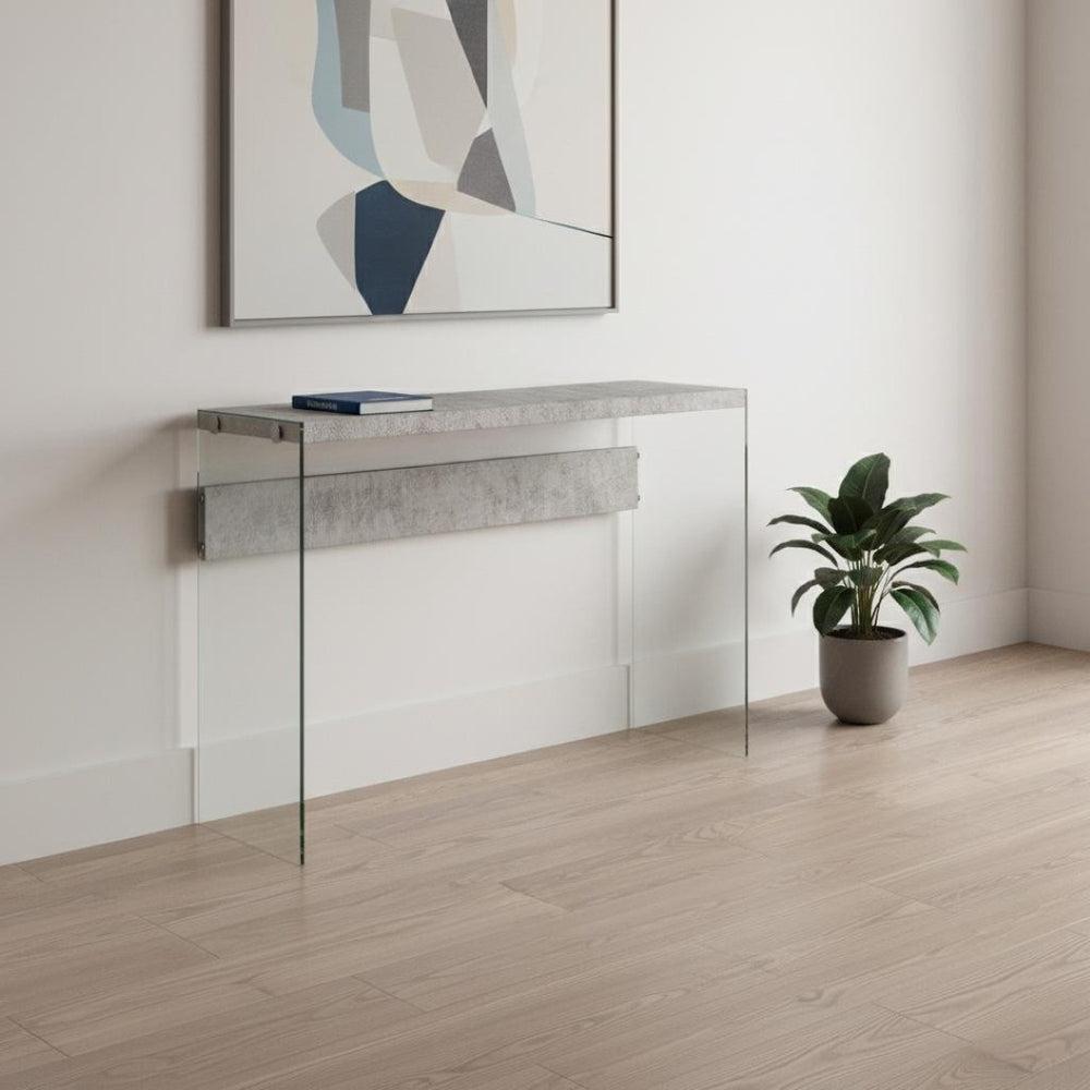 HomeRoots 44" Sleek Console Table with Durable Wood Top and Stylish Glass Base for Modern Living Spaces Grey,Clear 333109