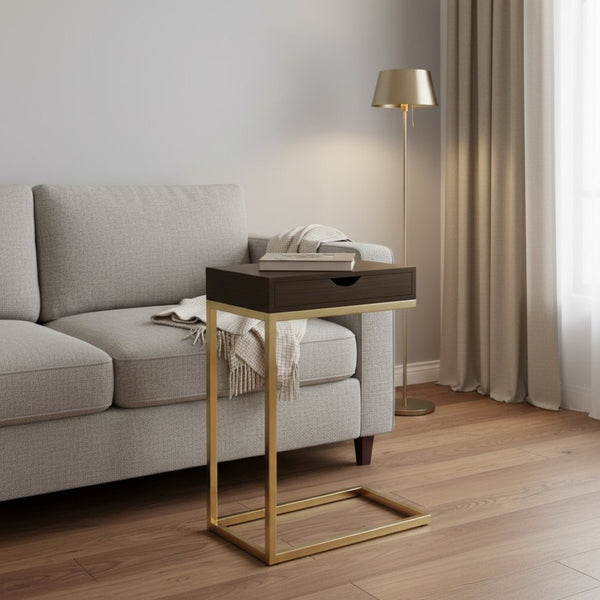 HomeRoots 10.25" Elegant Accent Table with Stylish Drawer, Durable Design for Compact Spaces & Versatile Use Cappuccino,Gold 333113