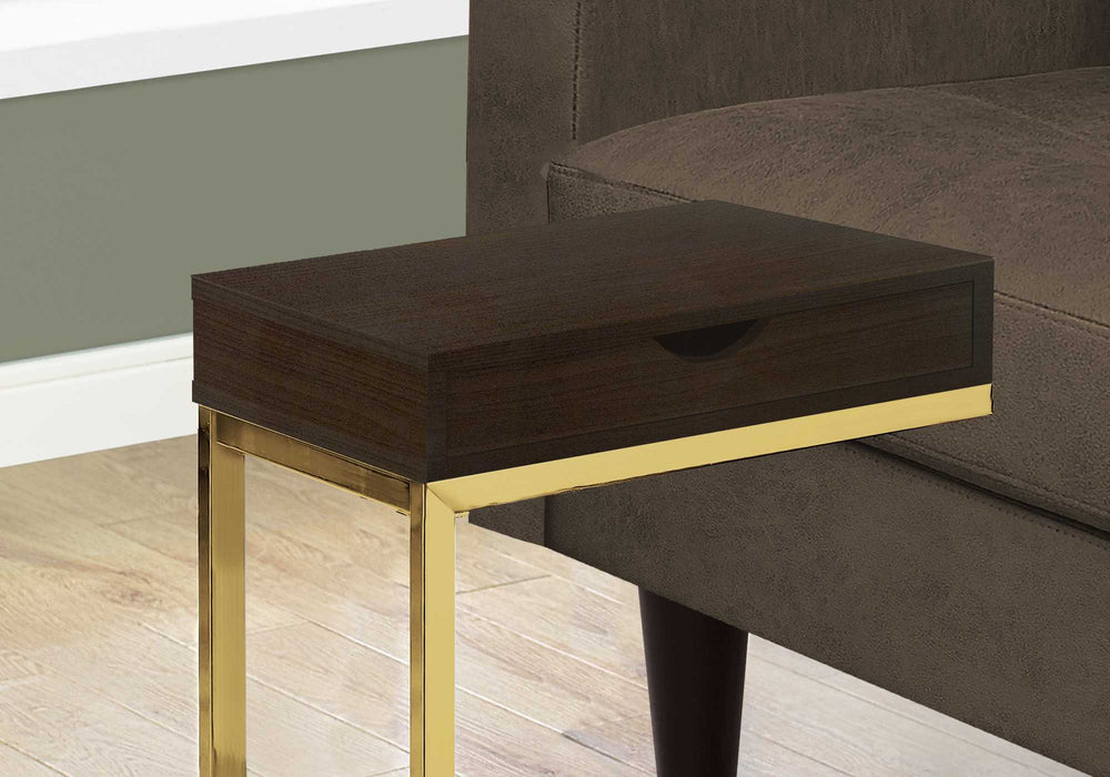 Homeroots 10.25" X 15.75" X 24.5" Cappuccino Finish And Gold Laminated Drawer Accent Table Cappuccino,Gold  333113