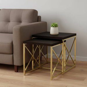 HomeRoots Set of Two 41" Elegant Gold and Brown Nested Tables for Stylish Living Room or Bedroom Decor 333114