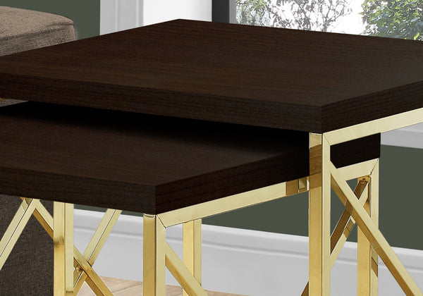 HomeRoots Set of Two 41" Elegant Gold and Brown Nested Tables for Stylish Living Room or Bedroom Decor 333114