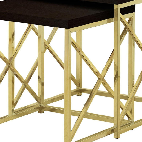 HomeRoots Set of Two 41" Elegant Gold and Brown Nested Tables for Stylish Living Room or Bedroom Decor 333114