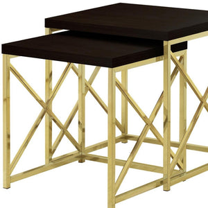 HomeRoots Set of Two 41" Elegant Gold and Brown Nested Tables for Stylish Living Room or Bedroom Decor 333114