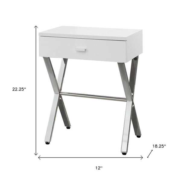 HomeRoots 22" Sleek Silver and White End Table with Drawer - Modern Accent for Living Rooms or Small Spaces White,Chrome 333130