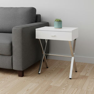 HomeRoots 22" Sleek Silver and White End Table with Drawer - Modern Accent for Living Rooms or Small Spaces White,Chrome 333130