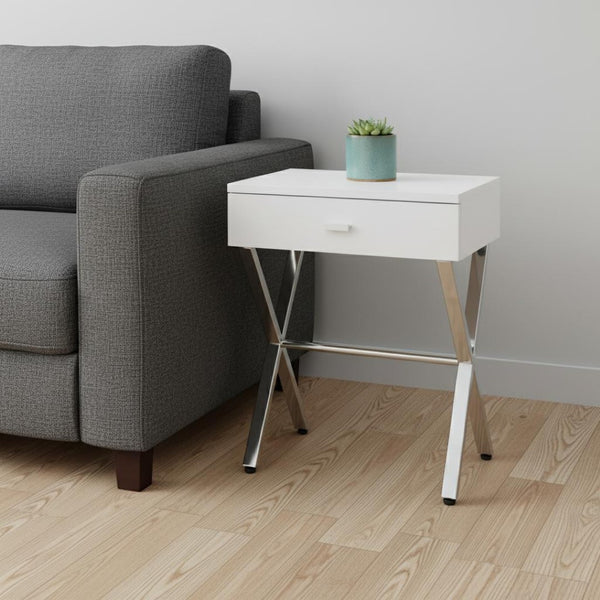HomeRoots 22" Sleek Silver and White End Table with Drawer - Modern Accent for Living Rooms or Small Spaces White,Chrome 333130