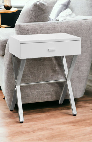 Homeroots 22" Silver And White Wood And Metal End Table With Drawer White,Chrome  333130