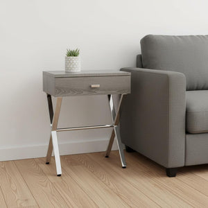 HomeRoots 22" Sleek Silver and White End Table with Drawer - Modern Accent for Living Rooms or Small Spaces Dark Taupe,Chrome 333131