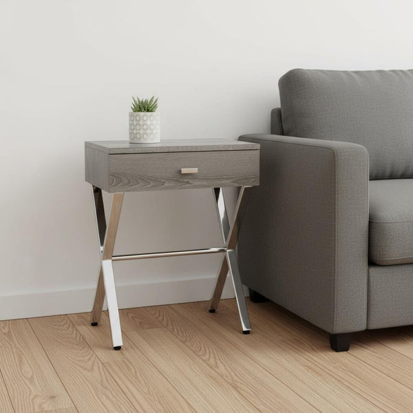 HomeRoots 22" Sleek Silver and White End Table with Drawer - Modern Accent for Living Rooms or Small Spaces Dark Taupe,Chrome 333131